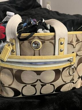 Coach Beige Signature Canvas Tote with Yellow Trim